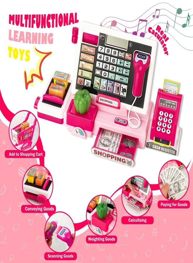 VROGTIK Kids Cash Register Toy with Shopping Cart Toddler Pretend Play Store Cashier Register for Kids with Music / Real Calculator / Scanner Learning Toys for Girls Birthday Gift for 3-8 Year Old Girl - Image 2